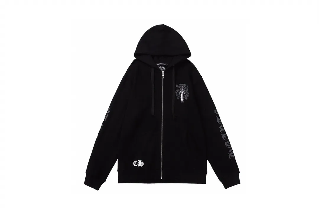 Q25—P230 -Chrome Hearts/Chrome Hearts printed zipper sweatshirt cardigan jacket -420 grams of high-density, high-quality wool, soft, delicate and skin-friendly, soft and silky to the touch, warm and skin-friendly -The hardware zipper accessories are all customized and full of details -Colour: black -Size: S M L XL